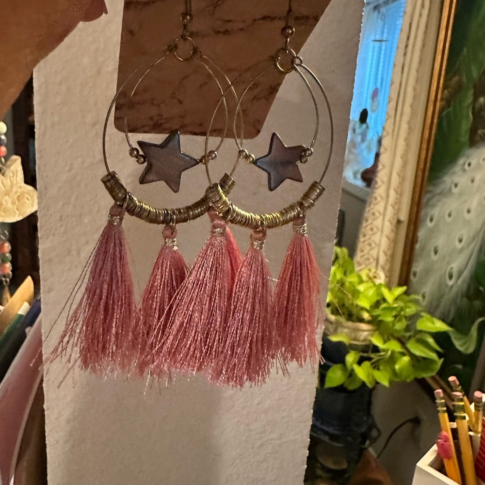 Pink Tassel Star Hoop Earrings with Gold Accents